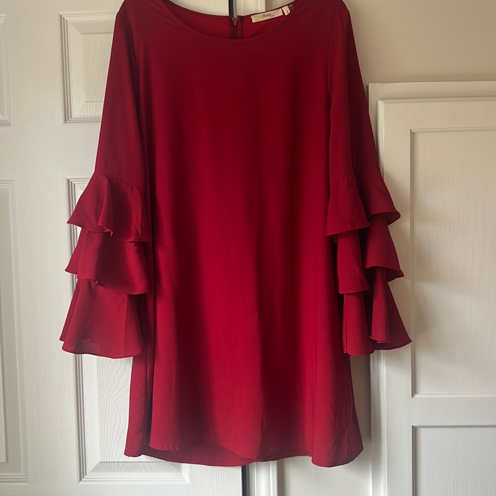 Andree Red Chiffon Dress with Ruffle Long Sleeves - Large
